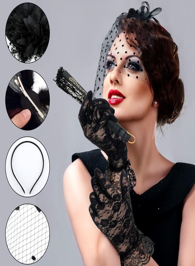Cuffbow 27 Pcs Black Fascinator Hats Funeral Veil with Folding Fan Lace Gloves for Women Church Halloween Tea Party Headwear - Image 5